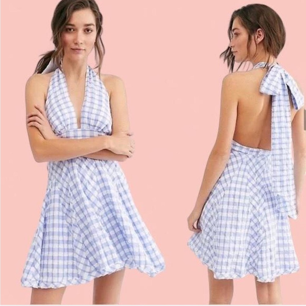 NWT Free People Blue Checkered Halter Dress size 12
